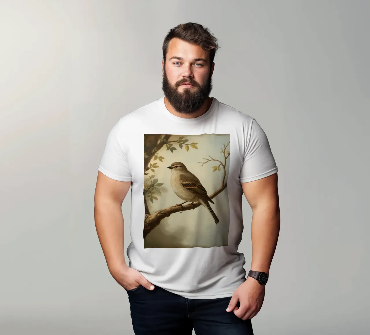 Sperling auf einem Zweig mit weichen Blättern in einer ruhigen T-Shirt von DesignDoodle