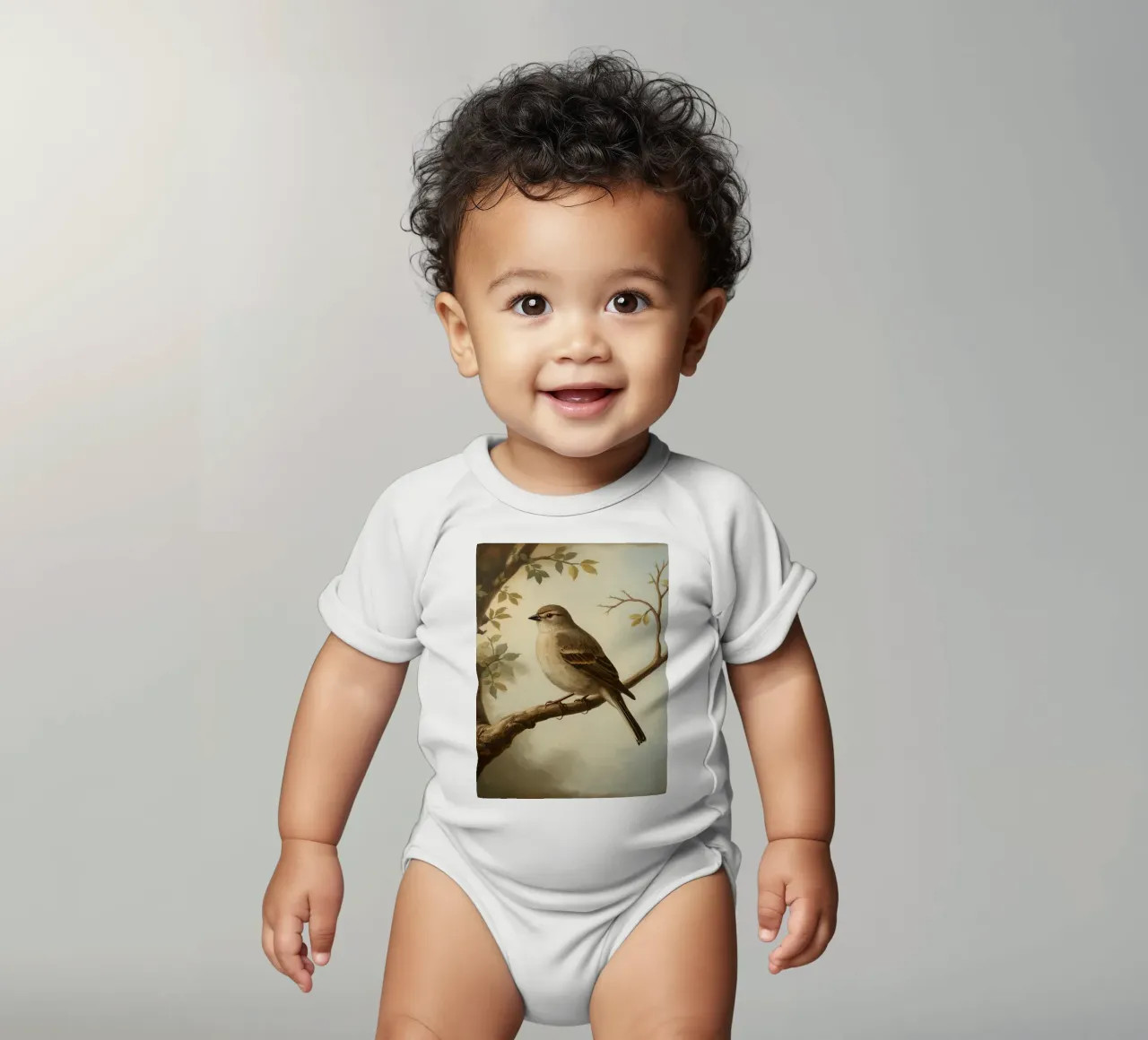 Sparrow perched on a branch with soft leaves in a calm short-sleeve baby romper by DesignDoodle