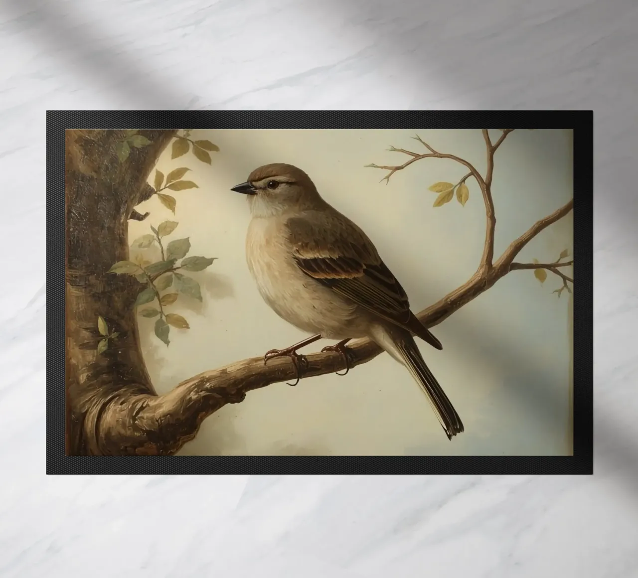 Sparrow perched on a branch with soft leaves in a calm doormat by DesignDoodle