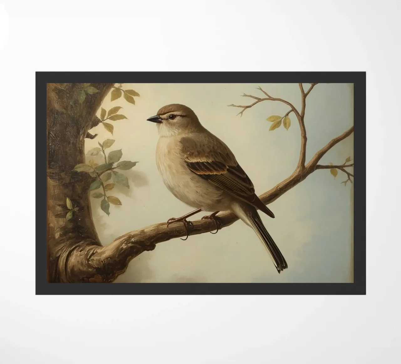 Sparrow perched on a branch with soft leaves in a calm doormat by DesignDoodle