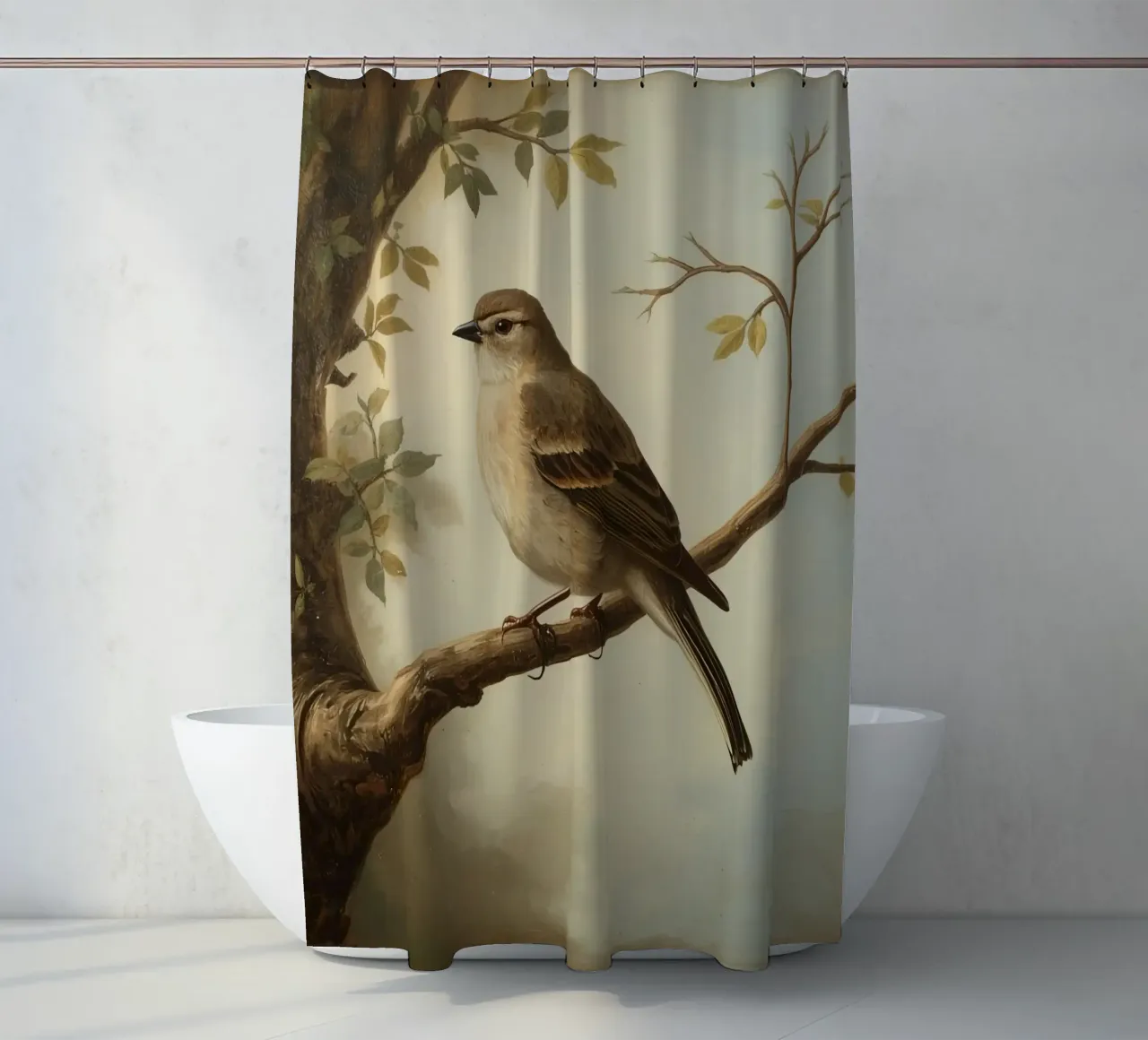 Sperling auf einem Zweig mit weichen Blättern in einer ruhigen Duschvorhang von DesignDoodle