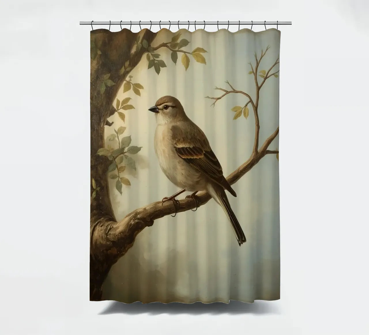 Sperling auf einem Zweig mit weichen Blättern in einer ruhigen Duschvorhang von DesignDoodle