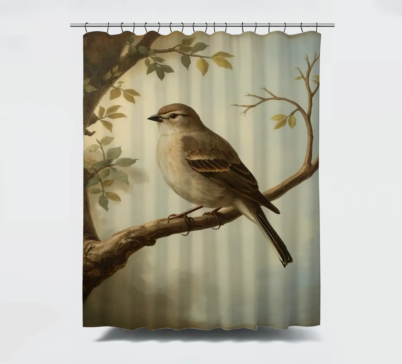 Sperling auf einem Zweig mit weichen Blättern in einer ruhigen Duschvorhang von DesignDoodle