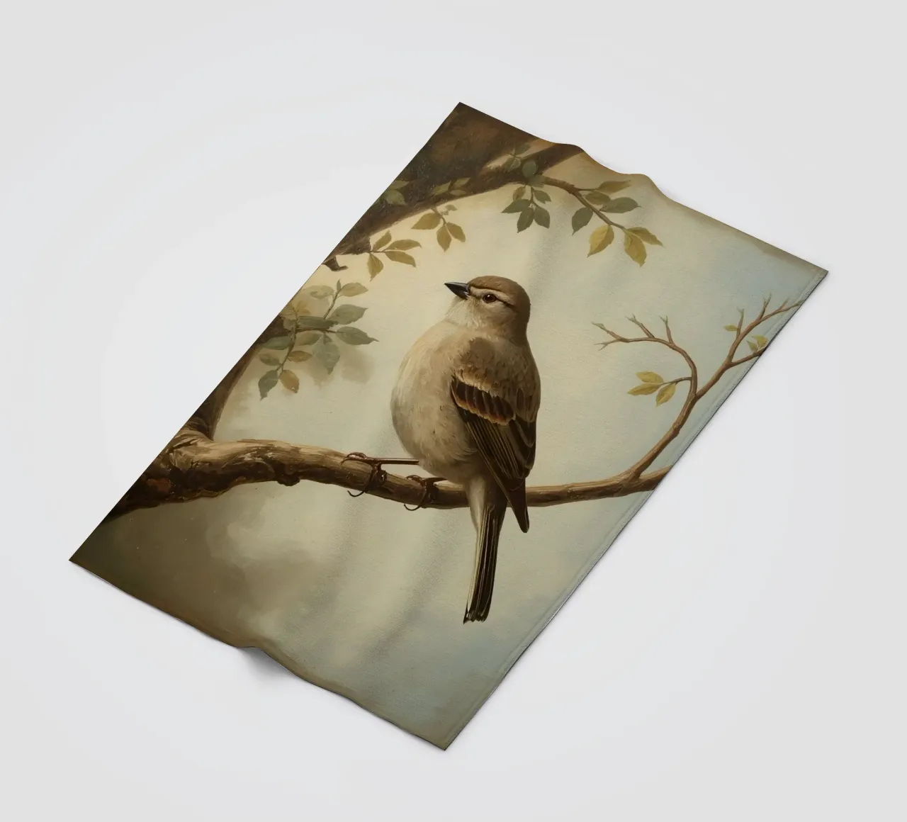 Sparrow perched on a branch with soft leaves in a calm fleece blanket by DesignDoodle