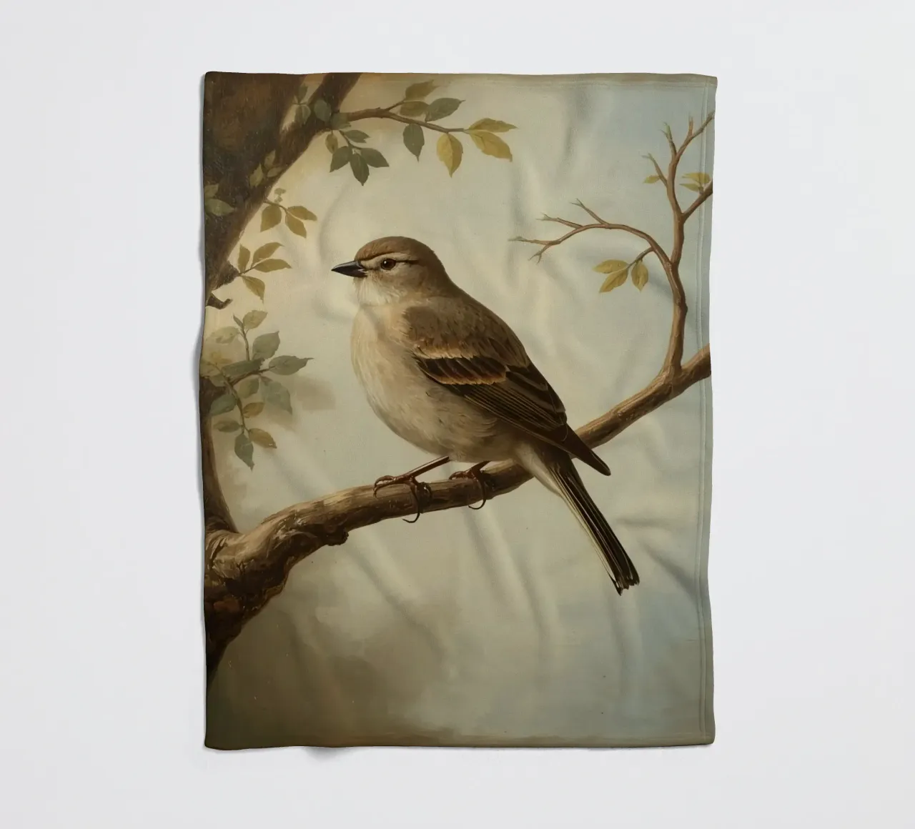 Sparrow perched on a branch with soft leaves in a calm fleece blanket by DesignDoodle