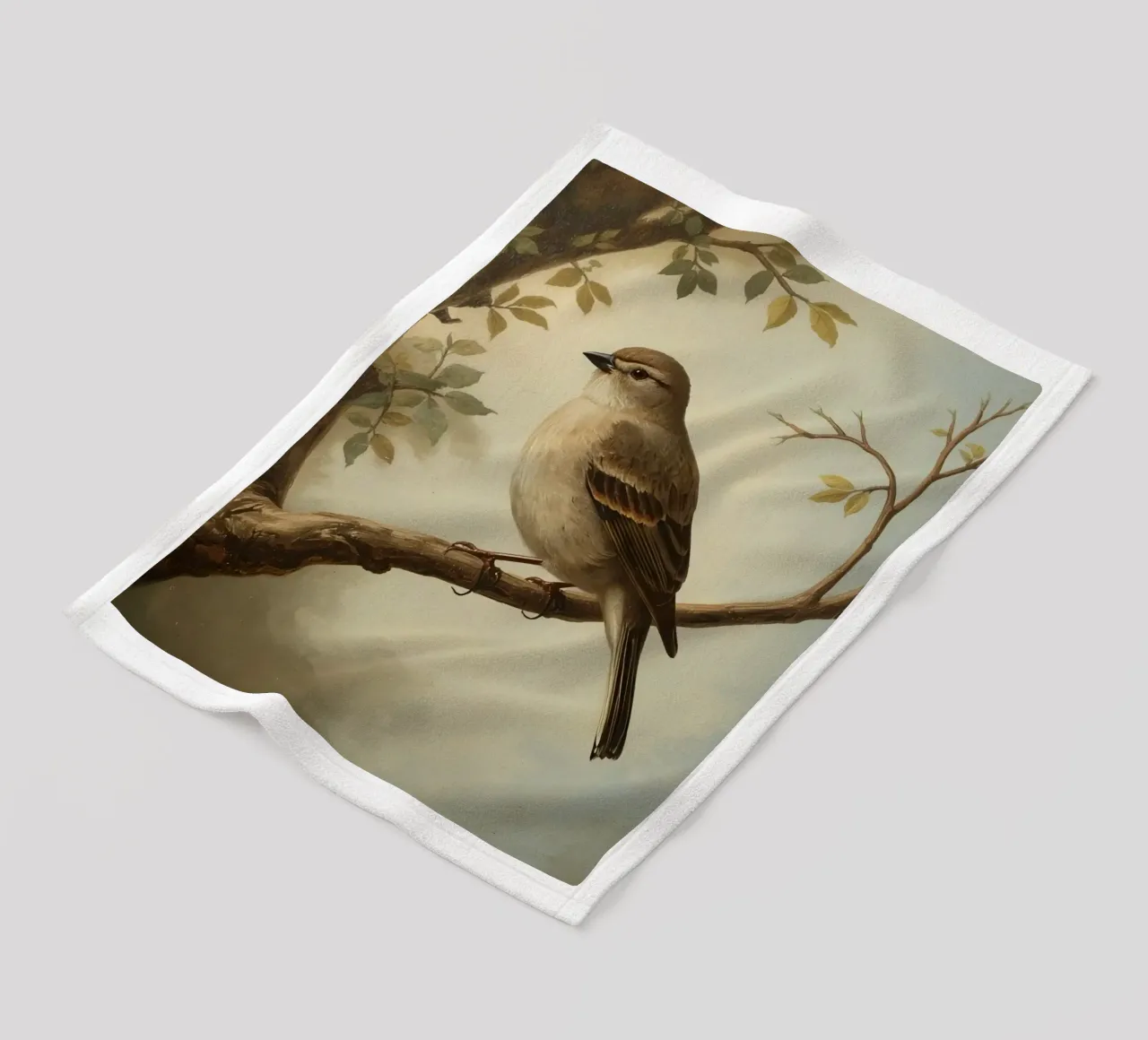 Sparrow perched on a branch with soft leaves in a calm fleece blanket by DesignDoodle