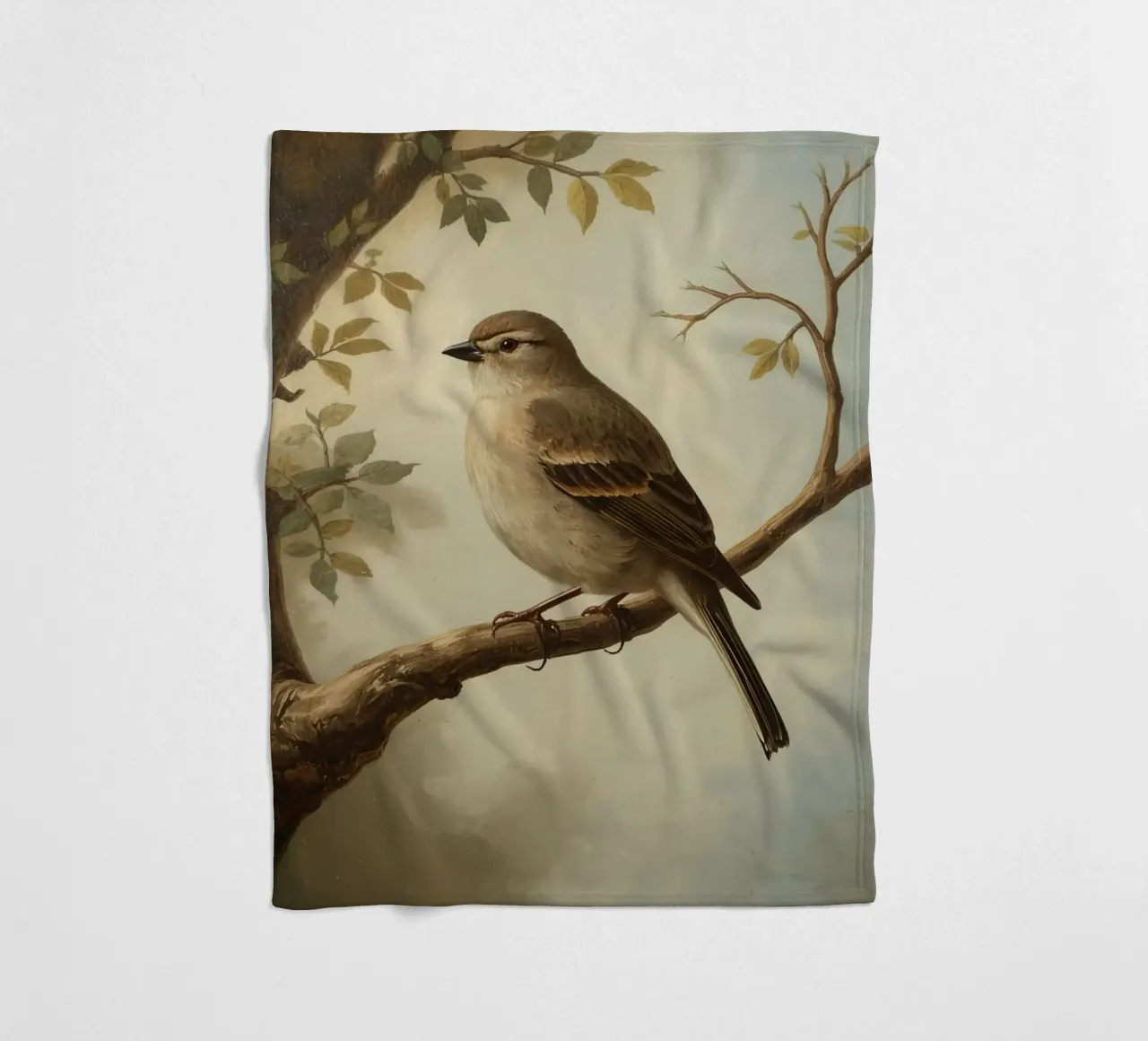 Sparrow perched on a branch with soft leaves in a calm fleece blanket by DesignDoodle