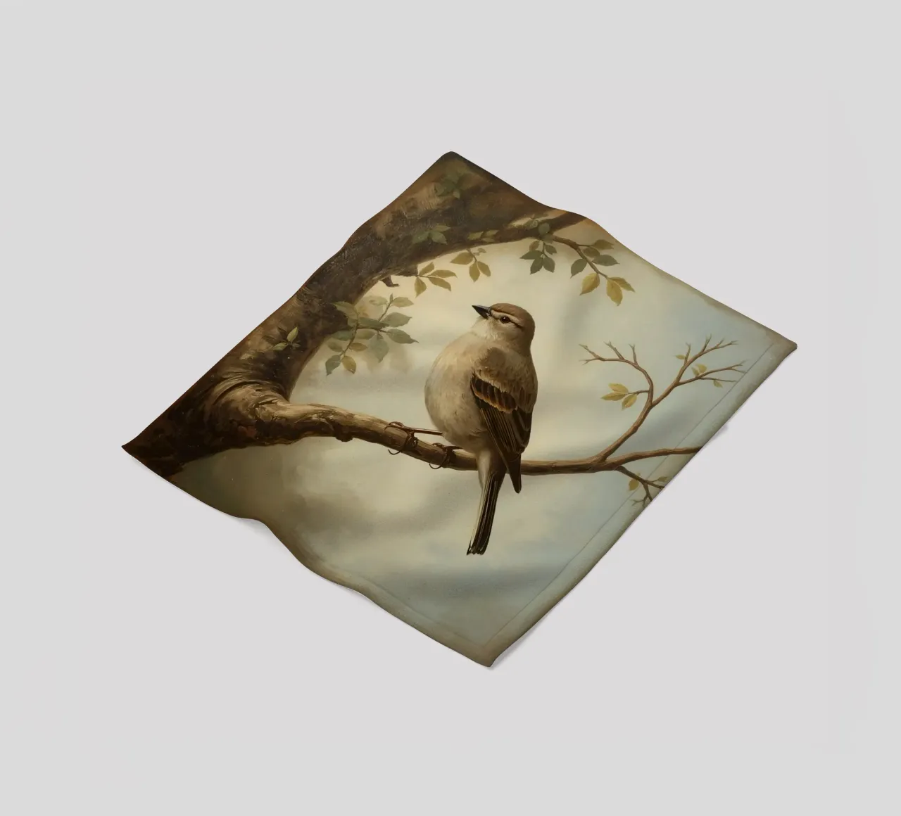 Sparrow perched on a branch with soft leaves in a calm fleece blanket by DesignDoodle