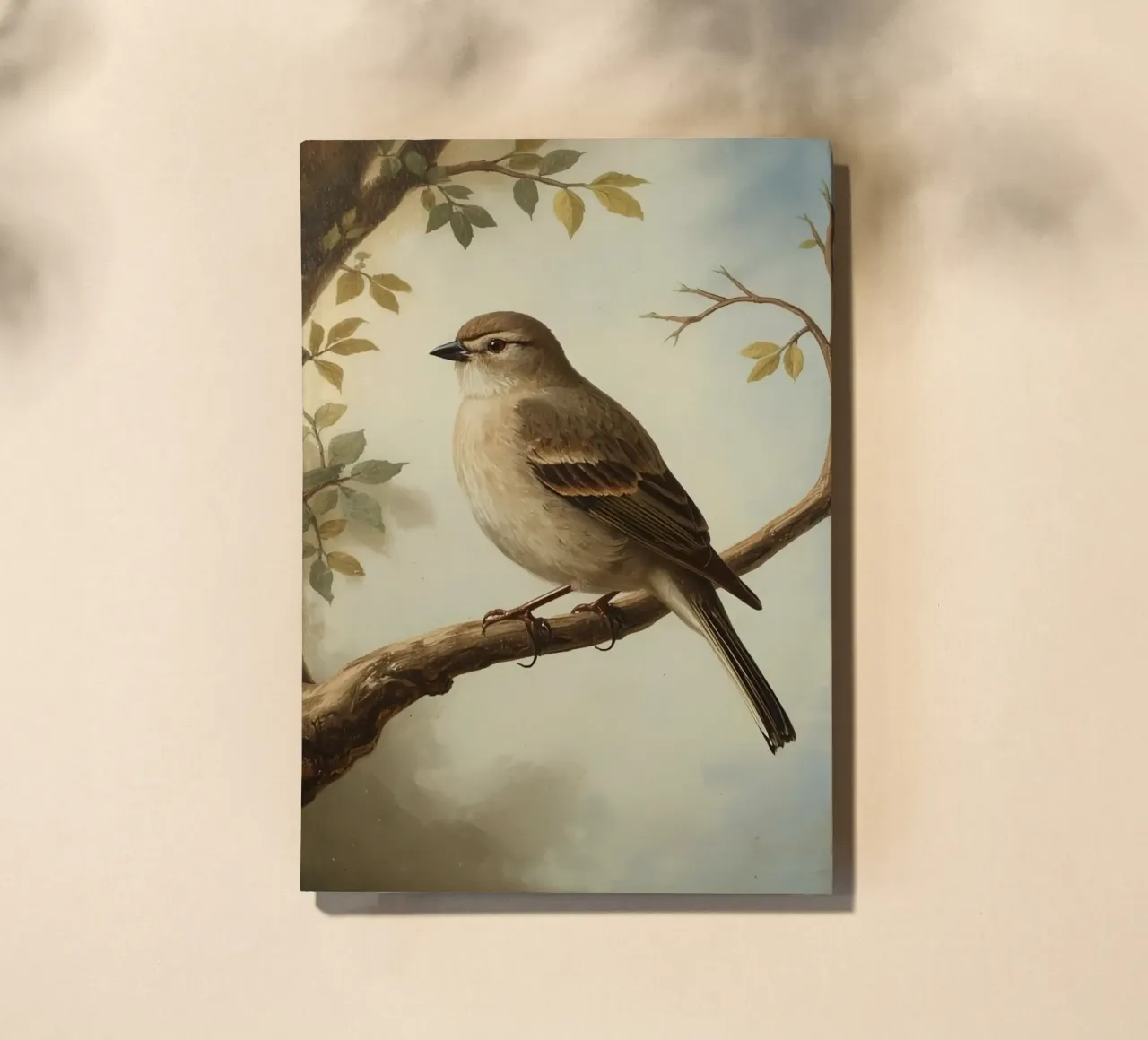 Sparrow perched on a branch with soft leaves in a calm notebook by DesignDoodle