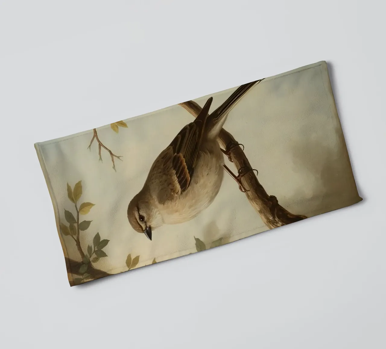 Sperling auf einem Zweig mit weichen Blättern in einer ruhigen Handtuch von DesignDoodle