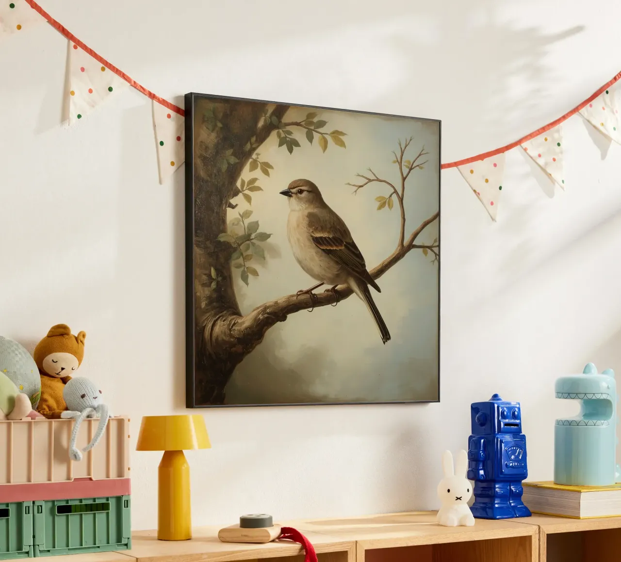 Sparrow perched on a branch with soft leaves in a calm alu-dibond by DesignDoodle