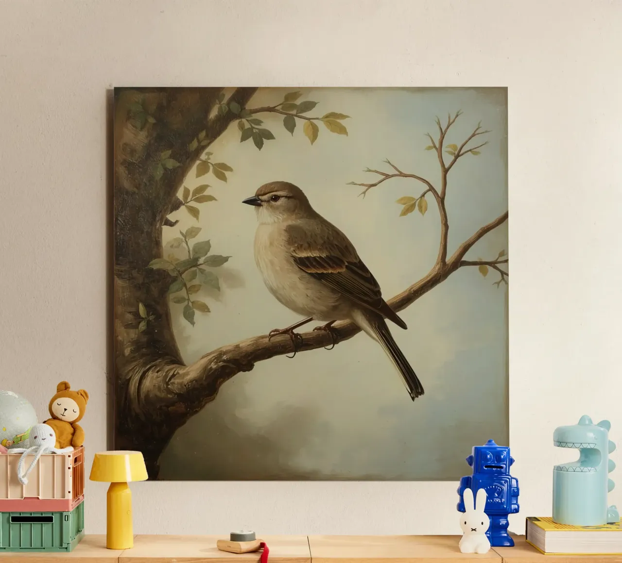 Passero appollaiato su un ramo con foglie morbide in un ambiente tranquillo pannello forex da DesignDoodle