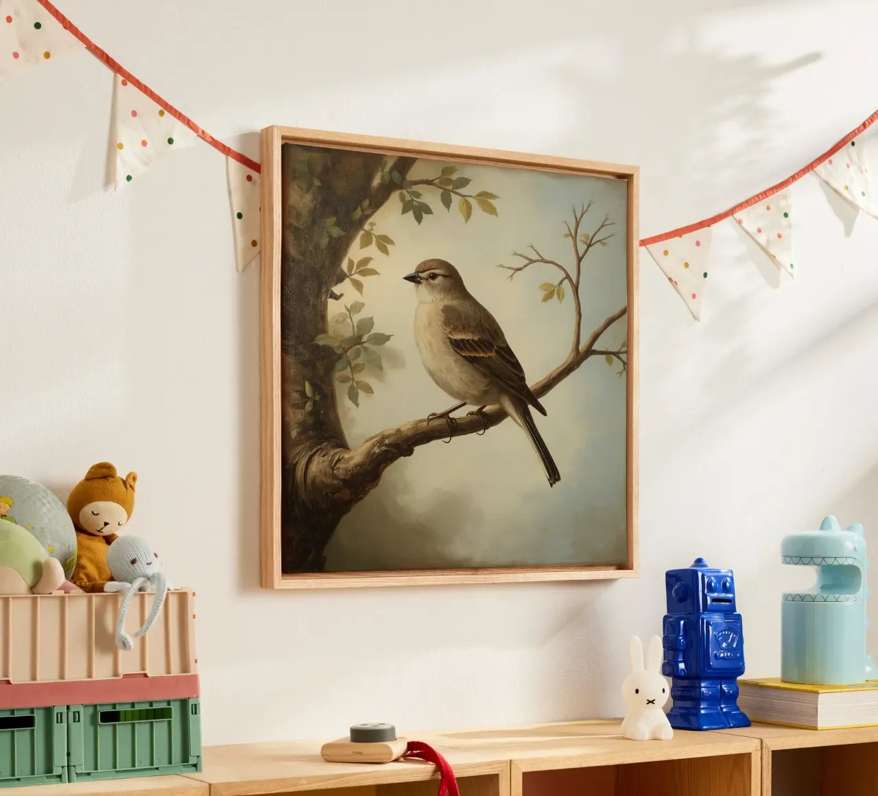 Sparrow perched on a branch with soft leaves in a calm canvas by DesignDoodle