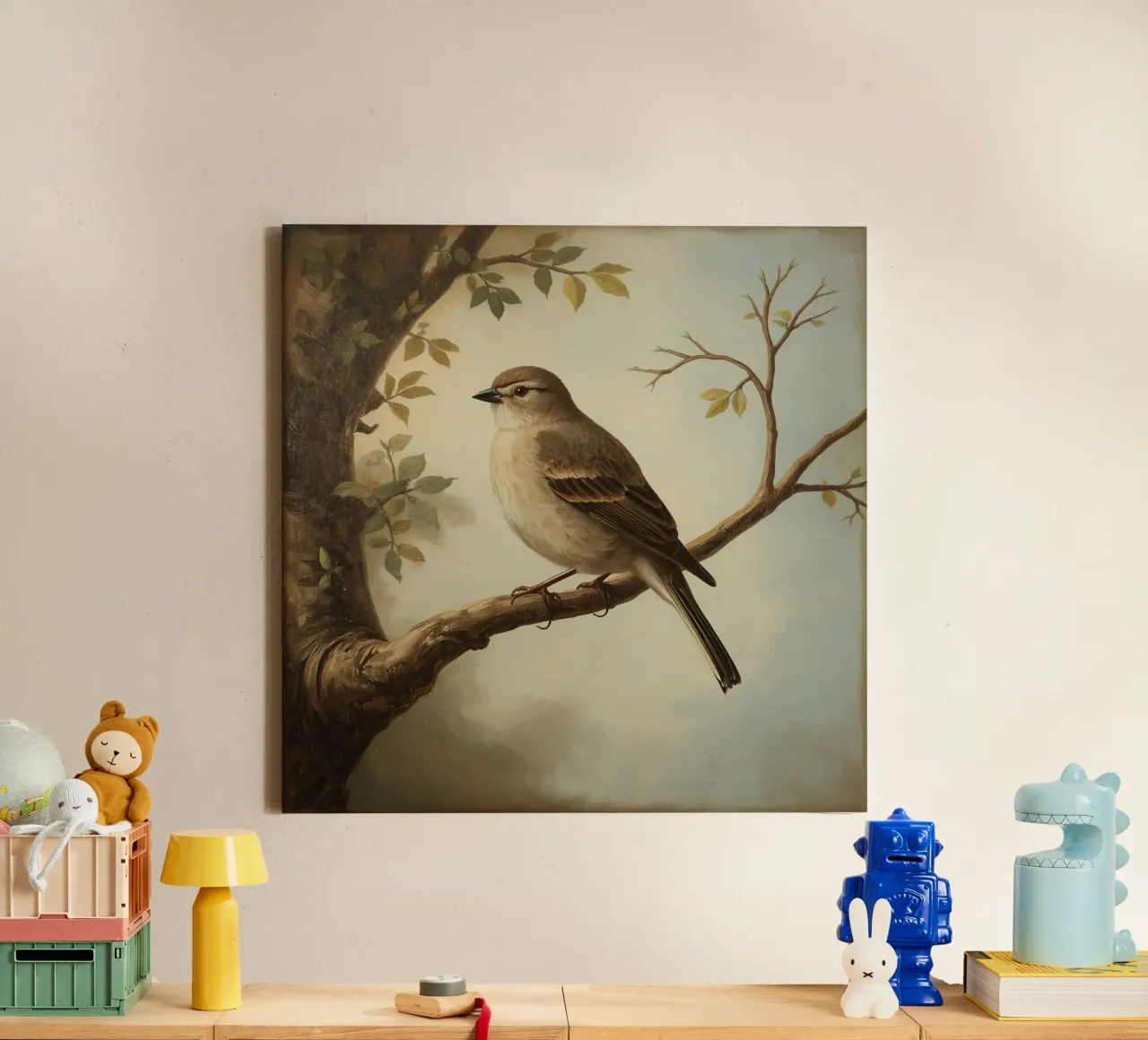 Sparrow perched on a branch with soft leaves in a calm canvas by DesignDoodle