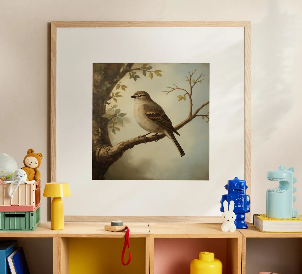 Sperling auf einem Zweig mit weichen Blättern in einer ruhigen Hahnemühle von DesignDoodle