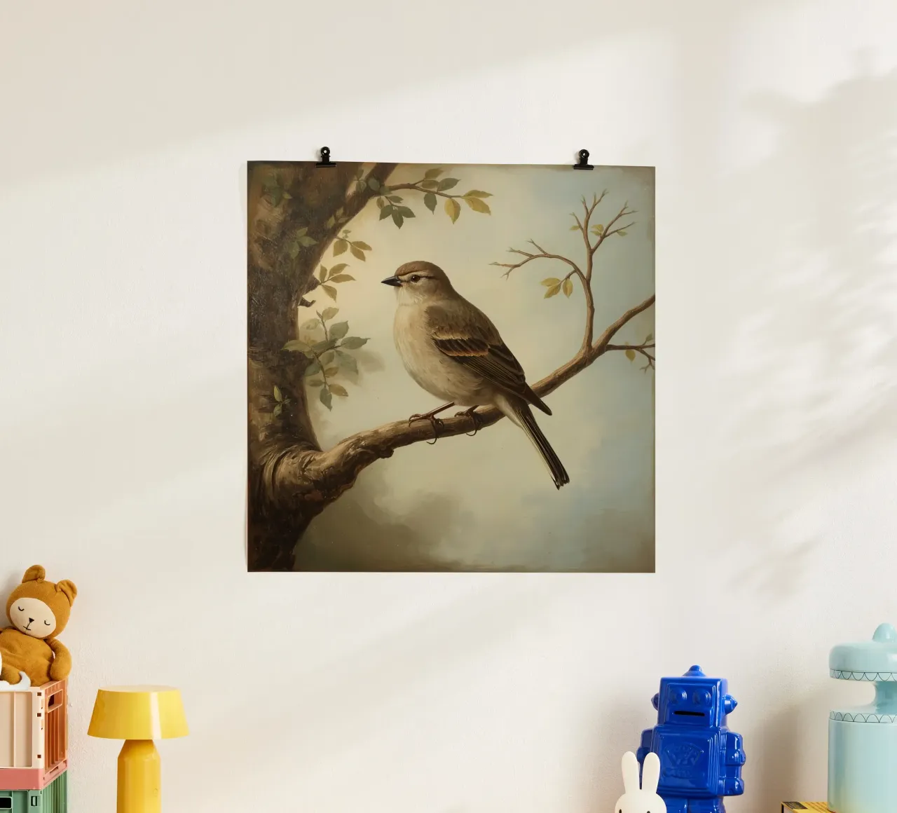 Sperling auf einem Zweig mit weichen Blättern in einer ruhigen Hahnemühle von DesignDoodle