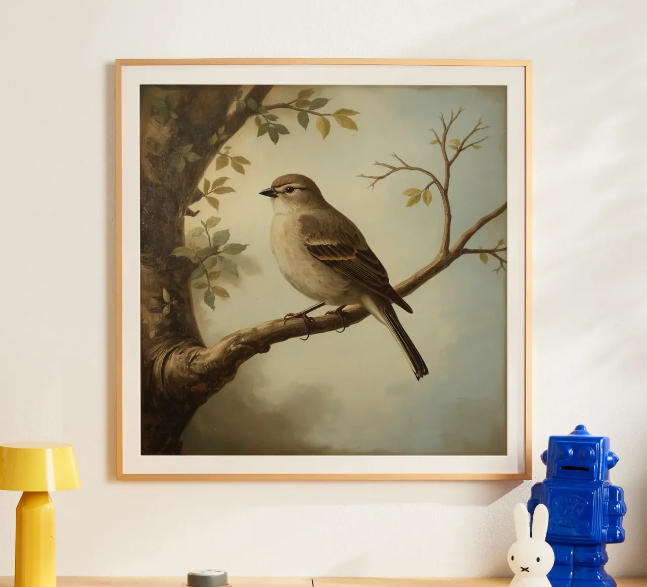 Sperling auf einem Zweig mit weichen Blättern in einer ruhigen Hahnemühle von DesignDoodle