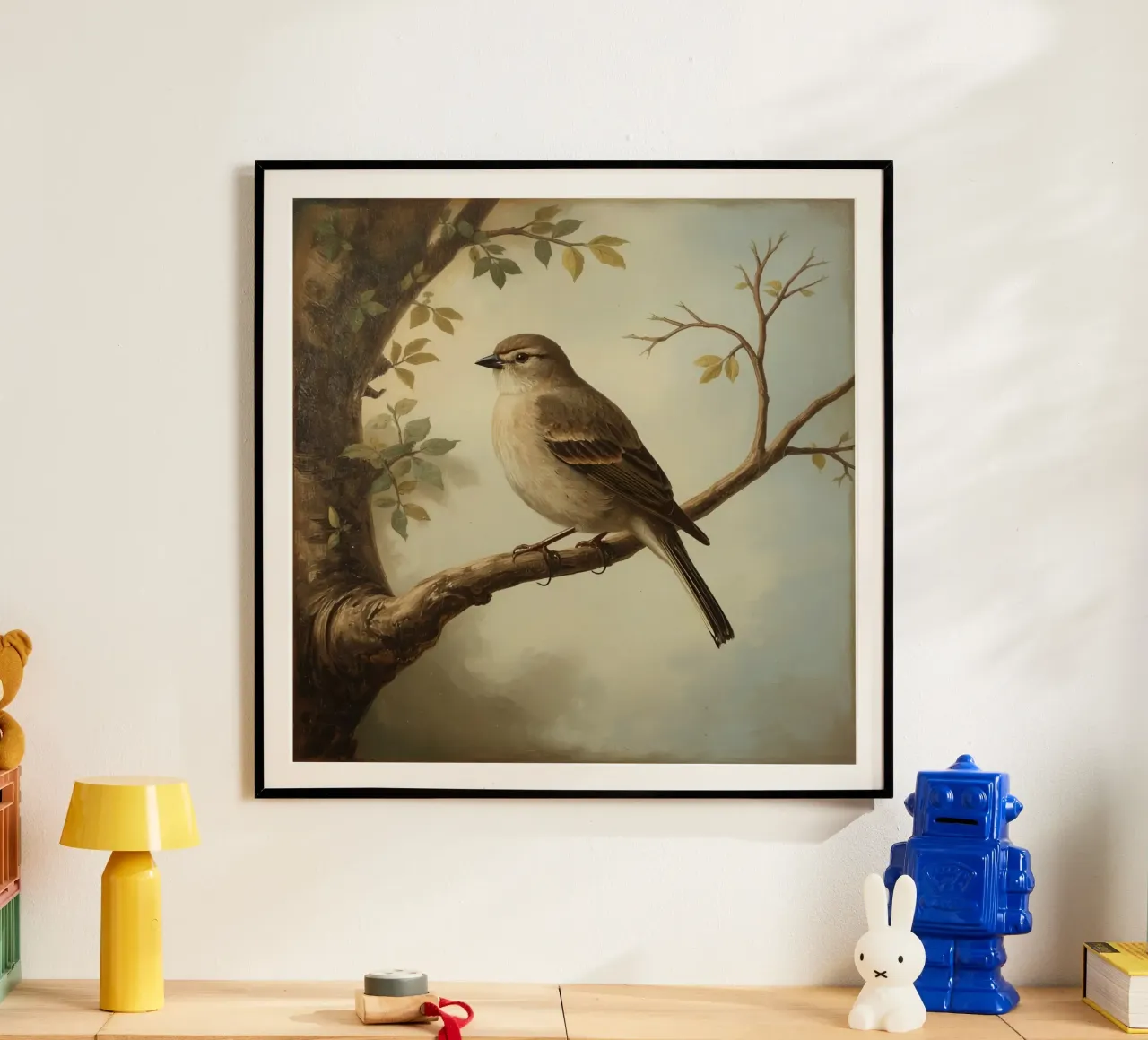 Sperling auf einem Zweig mit weichen Blättern in einer ruhigen Hahnemühle von DesignDoodle