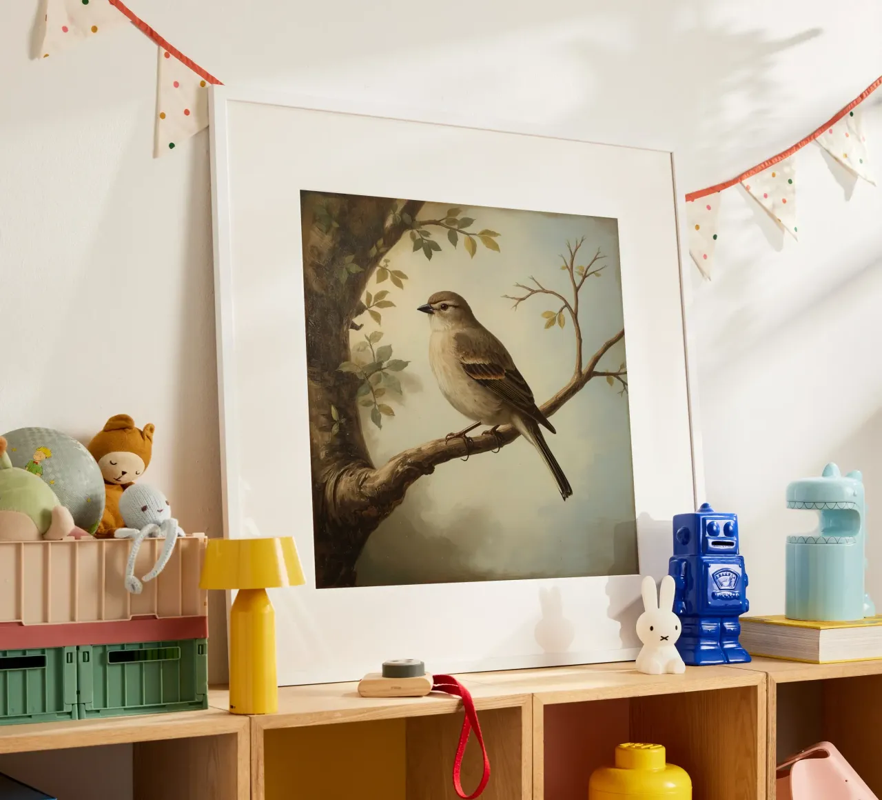 Sperling auf einem Zweig mit weichen Blättern in einer ruhigen Hahnemühle von DesignDoodle