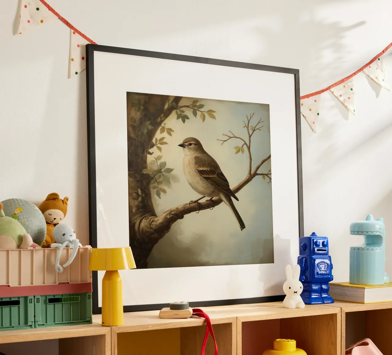 Sperling auf einem Zweig mit weichen Blättern in einer ruhigen Hahnemühle von DesignDoodle