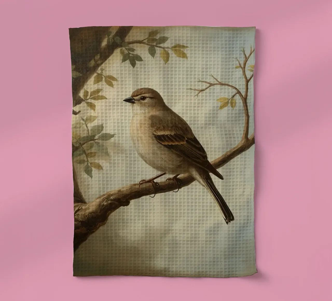 Sperling auf einem Zweig mit weichen Blättern in einer ruhigen Geschirrtuch von DesignDoodle