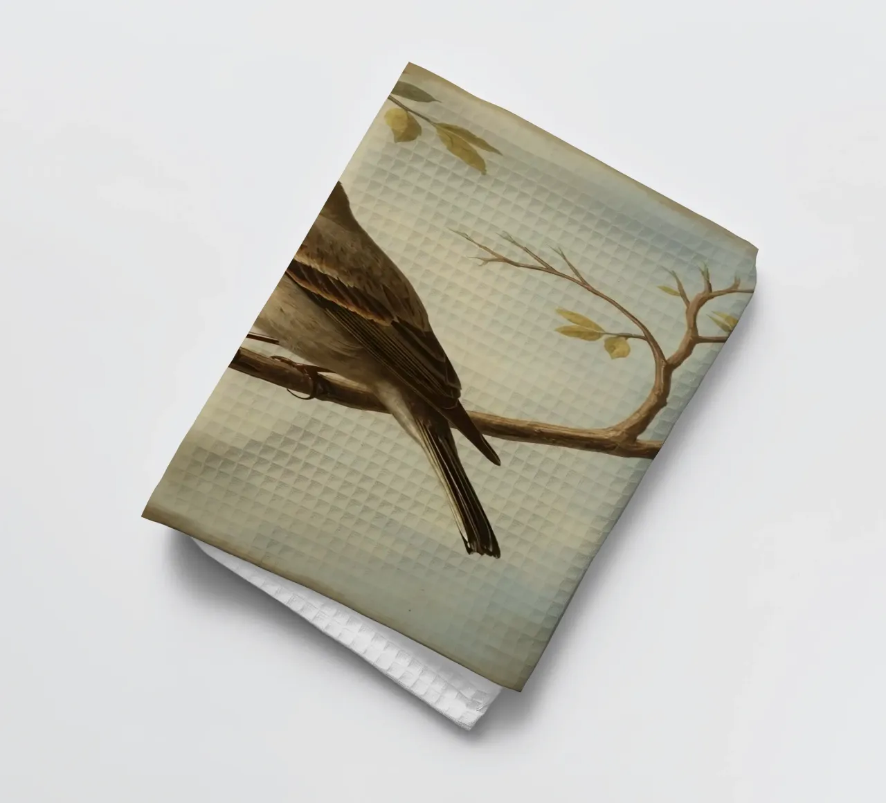 Sperling auf einem Zweig mit weichen Blättern in einer ruhigen Geschirrtuch von DesignDoodle