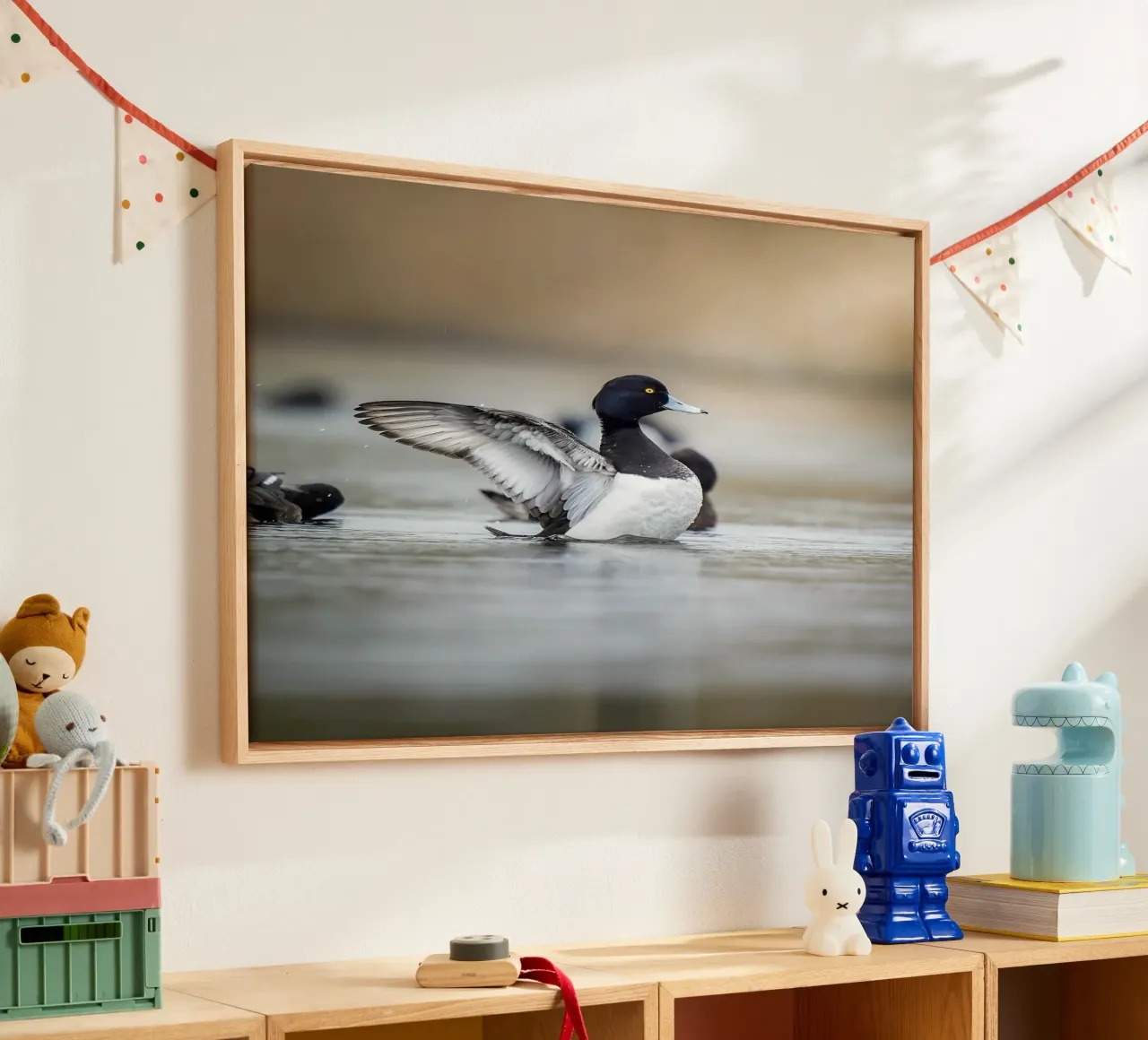 Reiherente in Amsterdam Leinwand mit Schattenfugenrahmen von Tom's Wildlife