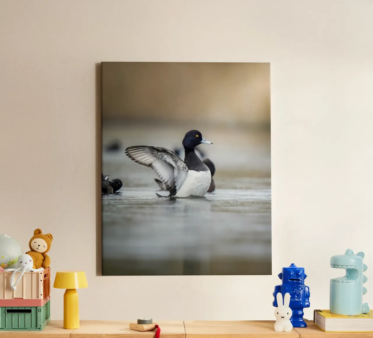 Reiherente in Amsterdam Leinwand mit Schattenfugenrahmen von Tom's Wildlife