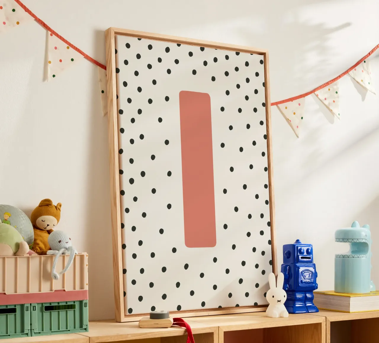 Initial I on dot pattern - Scandinavian style canvas with Floater frame by KidzStudio