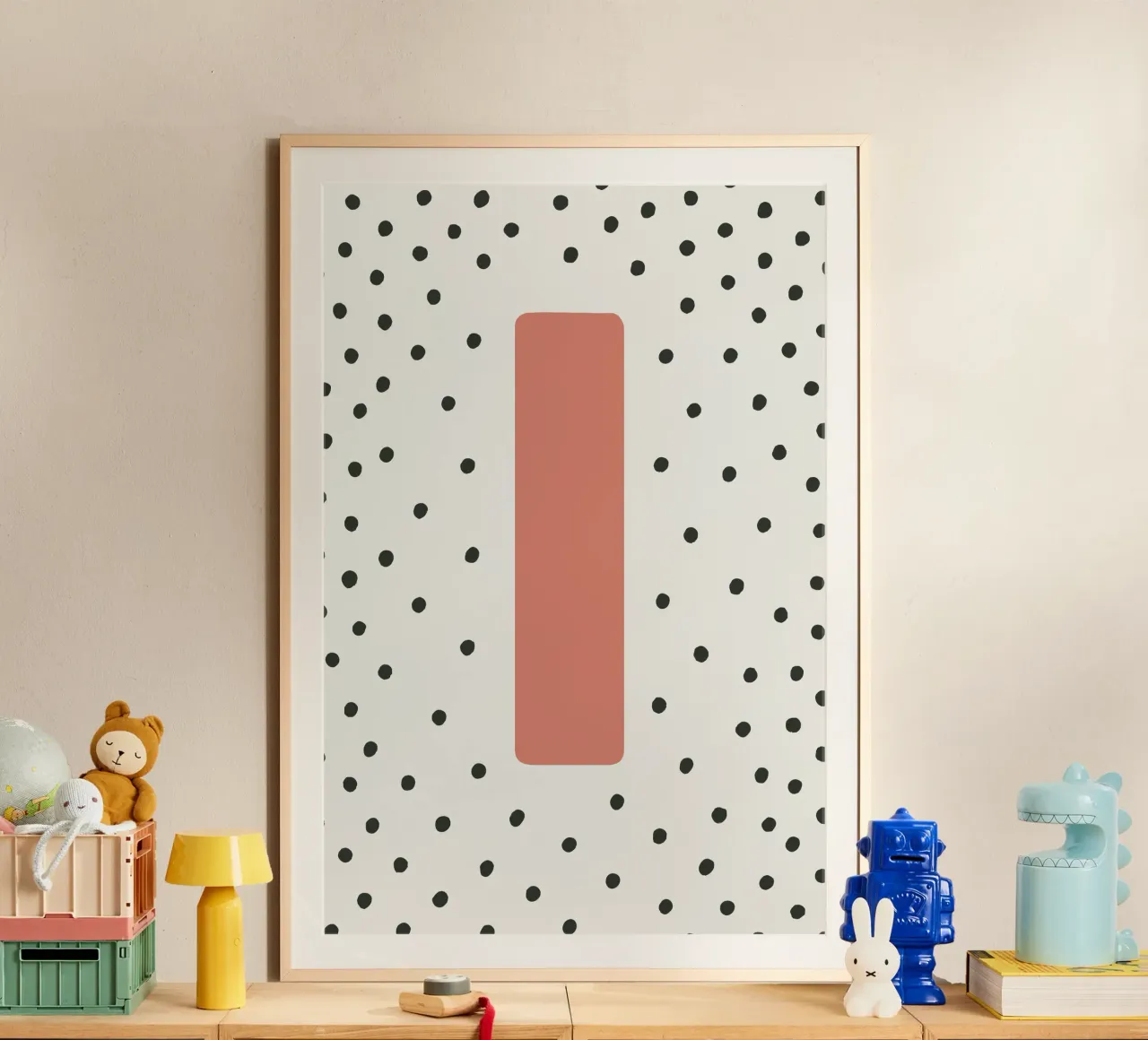 Initiale I sur motif à pois - style scandinave poster avec cadre en plastique de KidzStudio