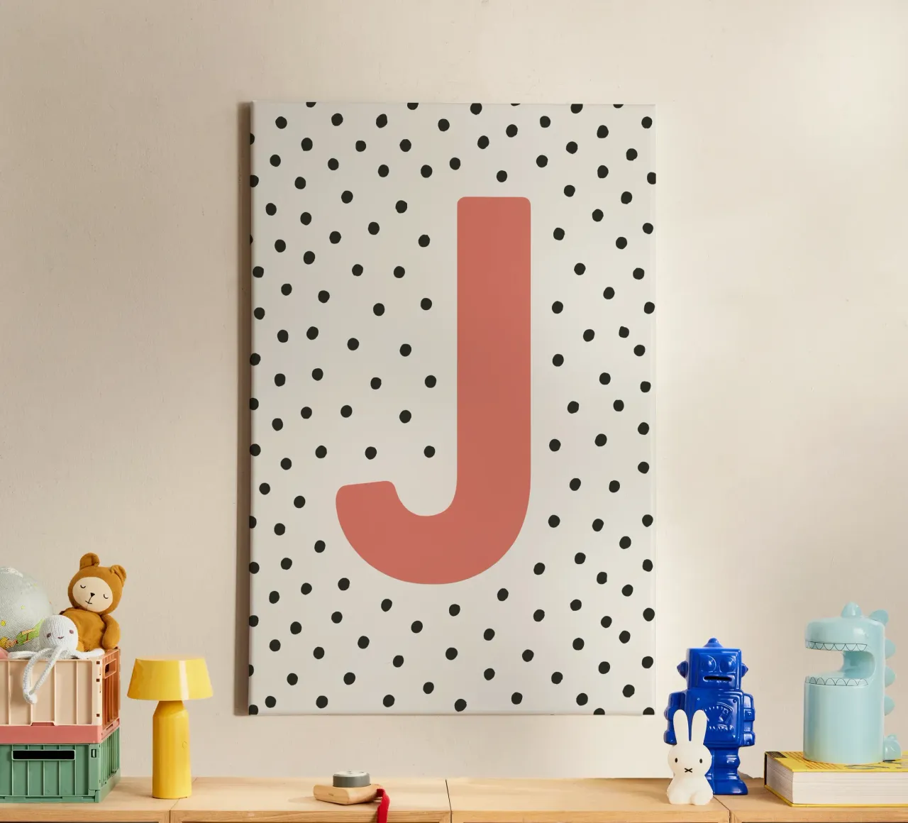 Initial J on dot pattern - Scandinavian style canvas by KidzStudio