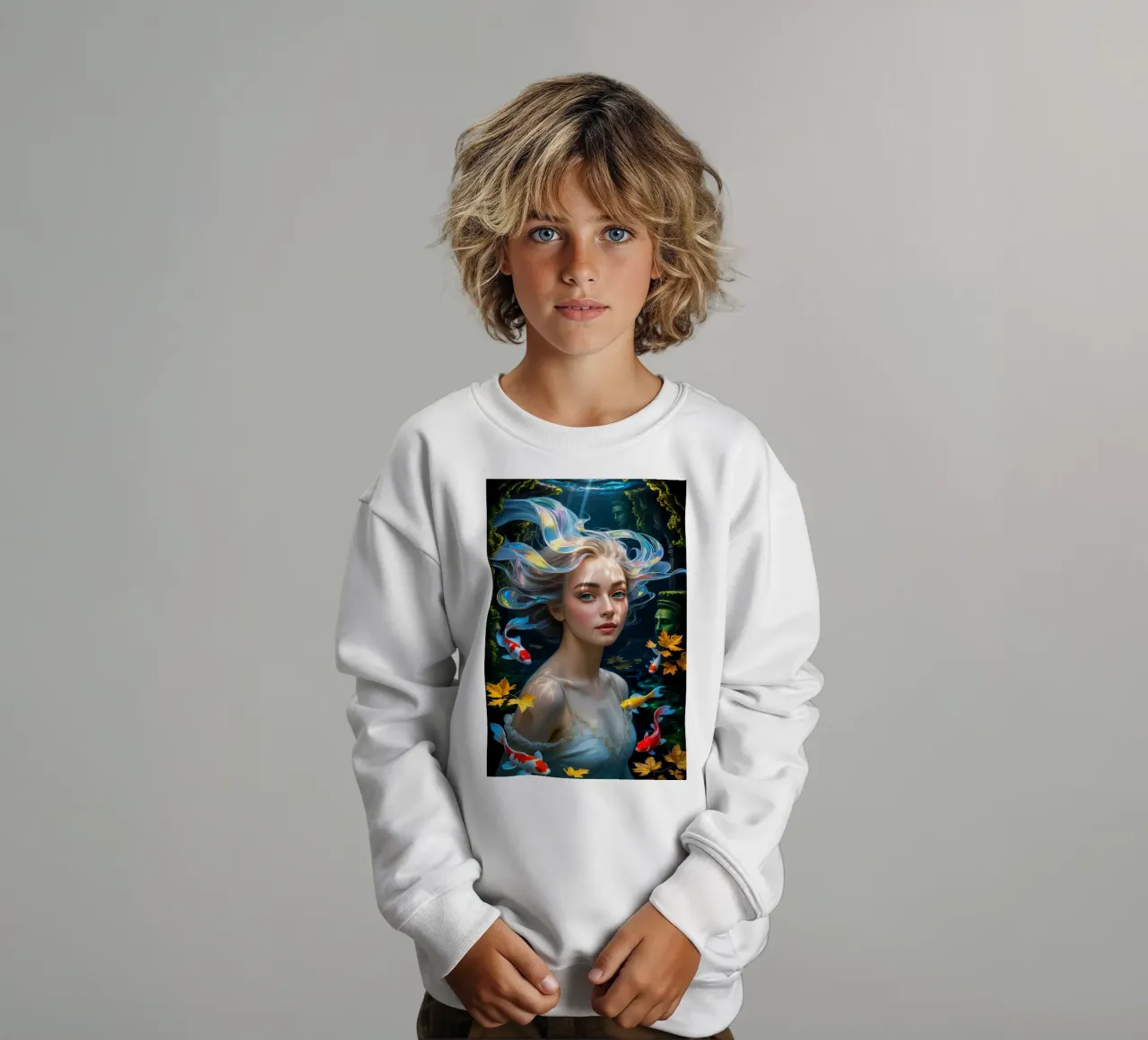 Underwater Serenity: Woman and Koi felpa bambino da IMAGINE ART