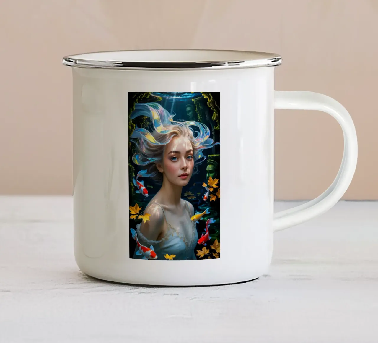 Underwater Serenity: Woman and Koi tazza in smalto da IMAGINE ART