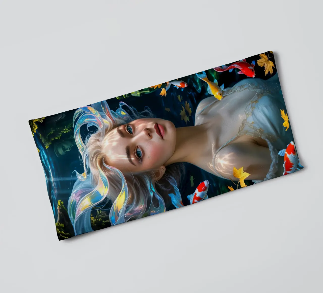 Underwater Serenity: Woman and Koi asciugamano da bagno da IMAGINE ART