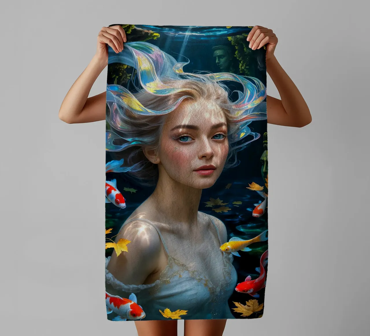 Underwater Serenity: Woman and Koi asciugamano da bagno da IMAGINE ART