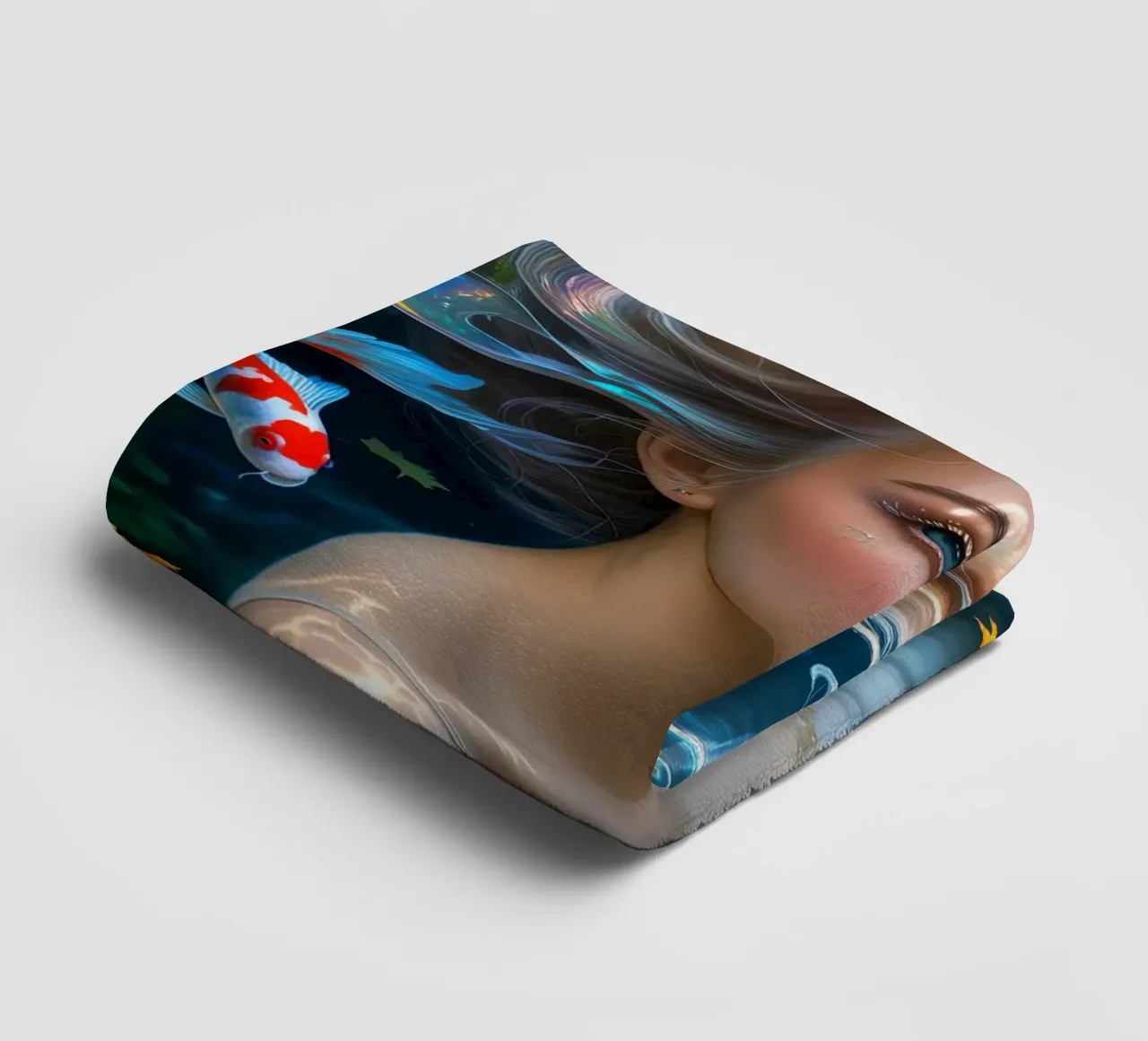 Underwater Serenity: Woman and Koi asciugamano da bagno da IMAGINE ART