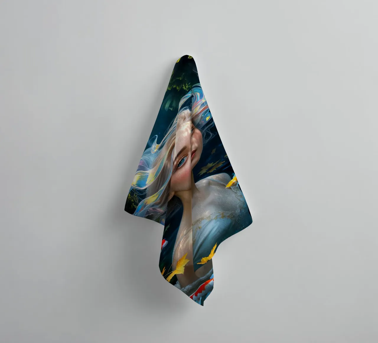 Underwater Serenity: Woman and Koi asciugamano da bagno da IMAGINE ART
