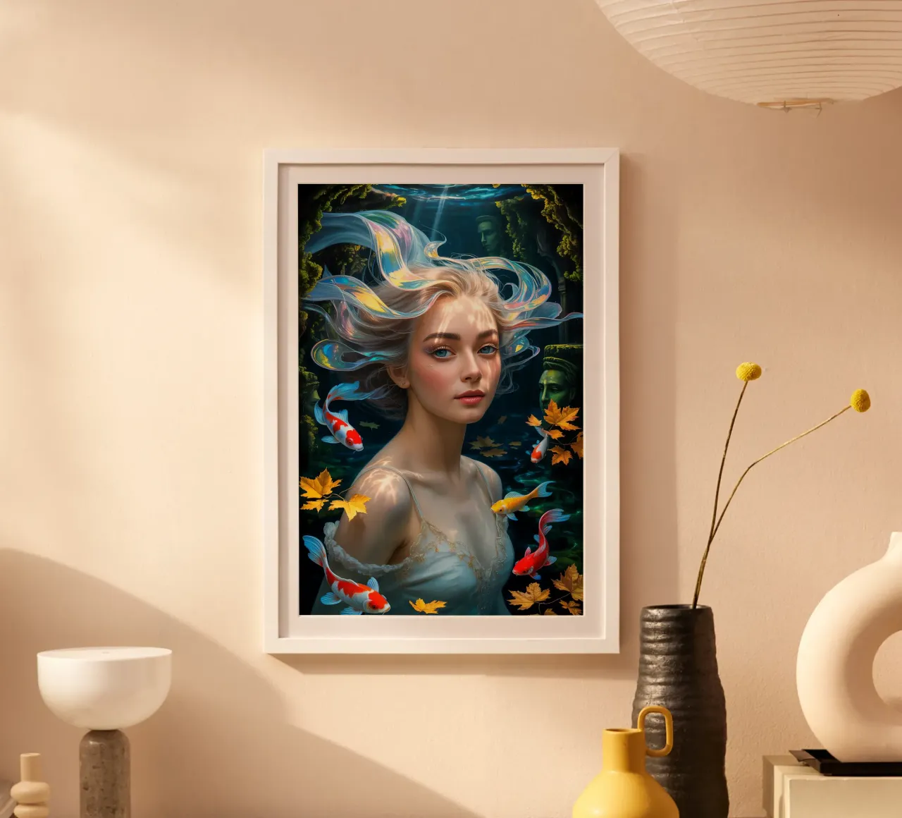 Underwater Serenity: Woman and Koi poster con telaio in alluminio da IMAGINE ART