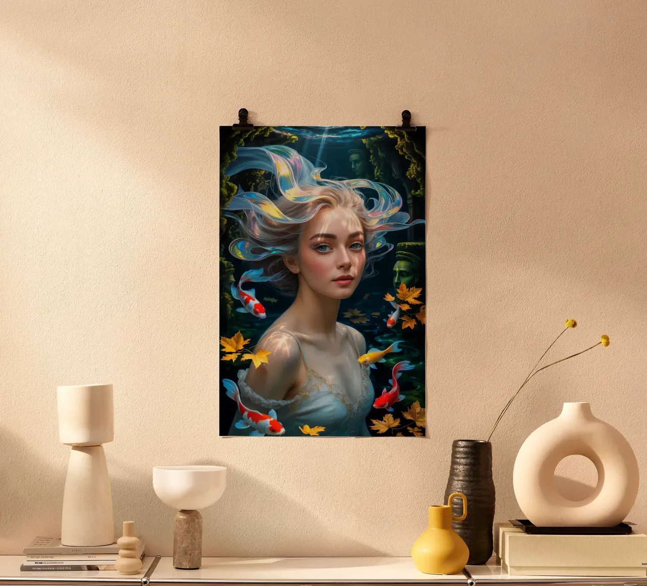 Underwater Serenity: Woman and Koi poster con telaio in alluminio da IMAGINE ART