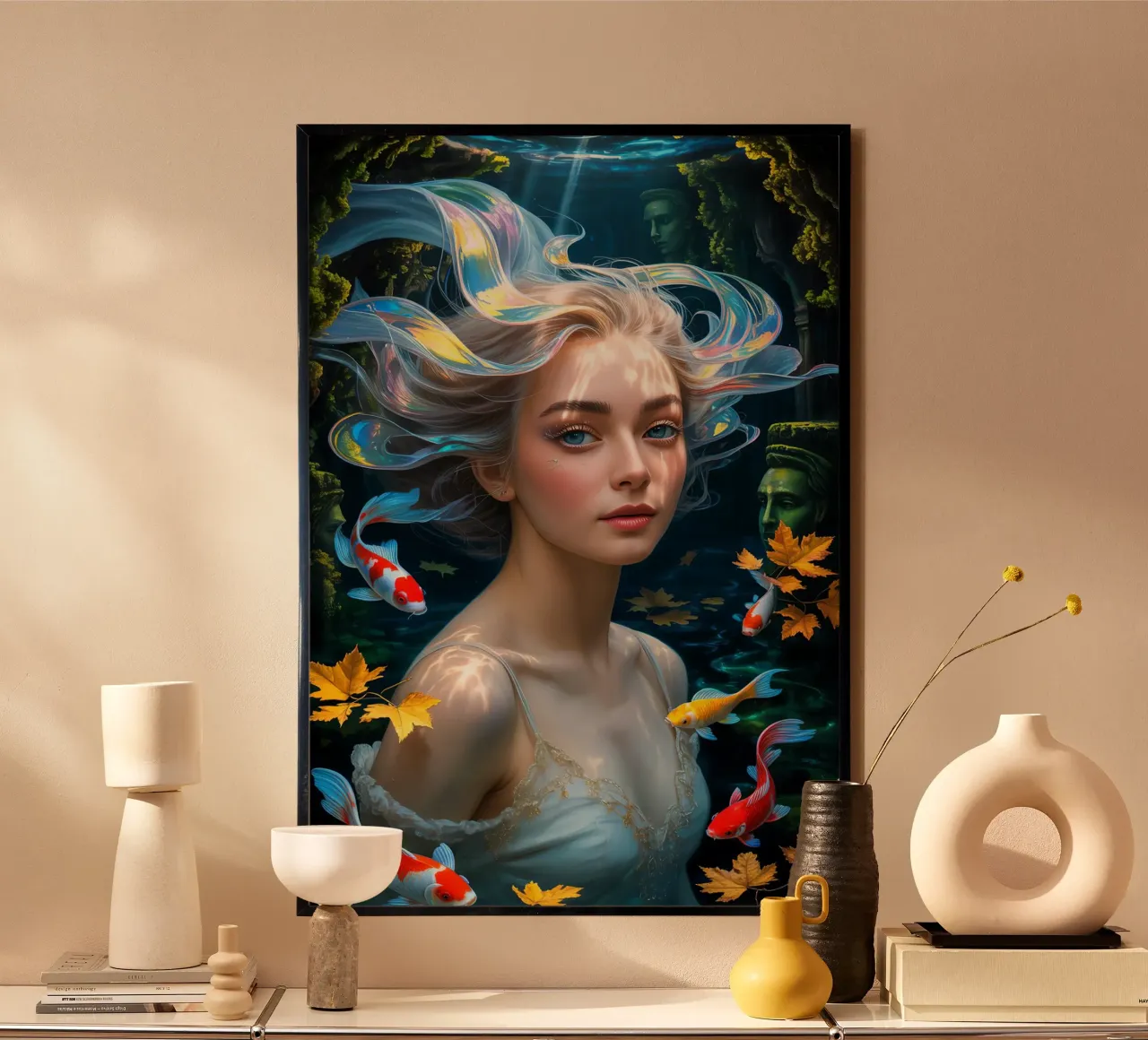 Underwater Serenity: Woman and Koi poster con telaio in alluminio da IMAGINE ART