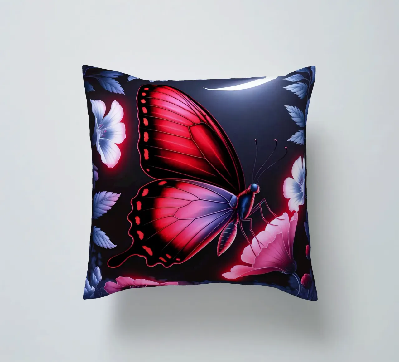 Midnight Bloom: Glowing Butterfly cuscino da IMAGINE ART