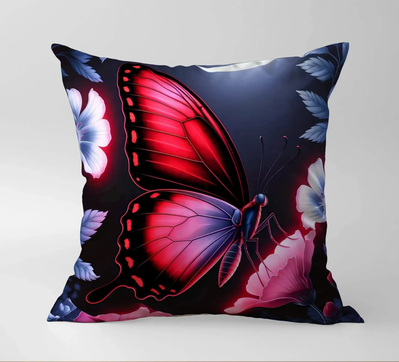 Midnight Bloom: Glowing Butterfly cuscino da IMAGINE ART