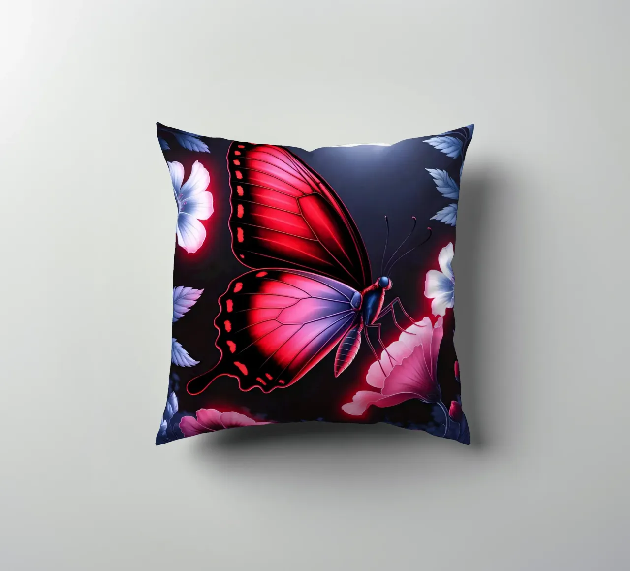Midnight Bloom: Glowing Butterfly cuscino da IMAGINE ART