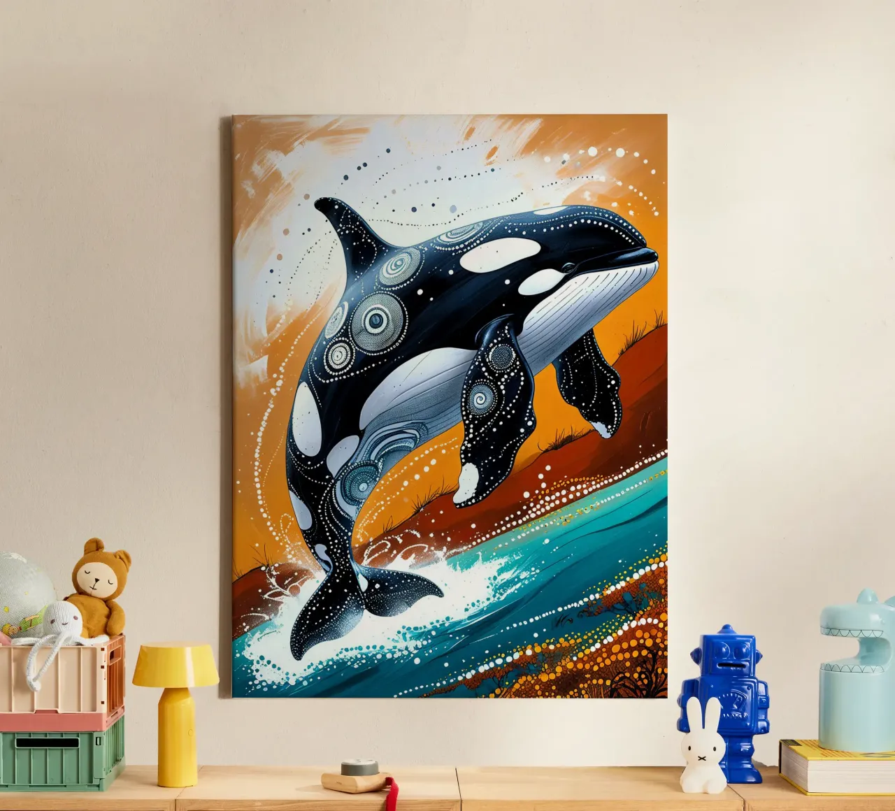 Stippled Ocean: Orca Art Print with White Dots tela da IMAGINE ART