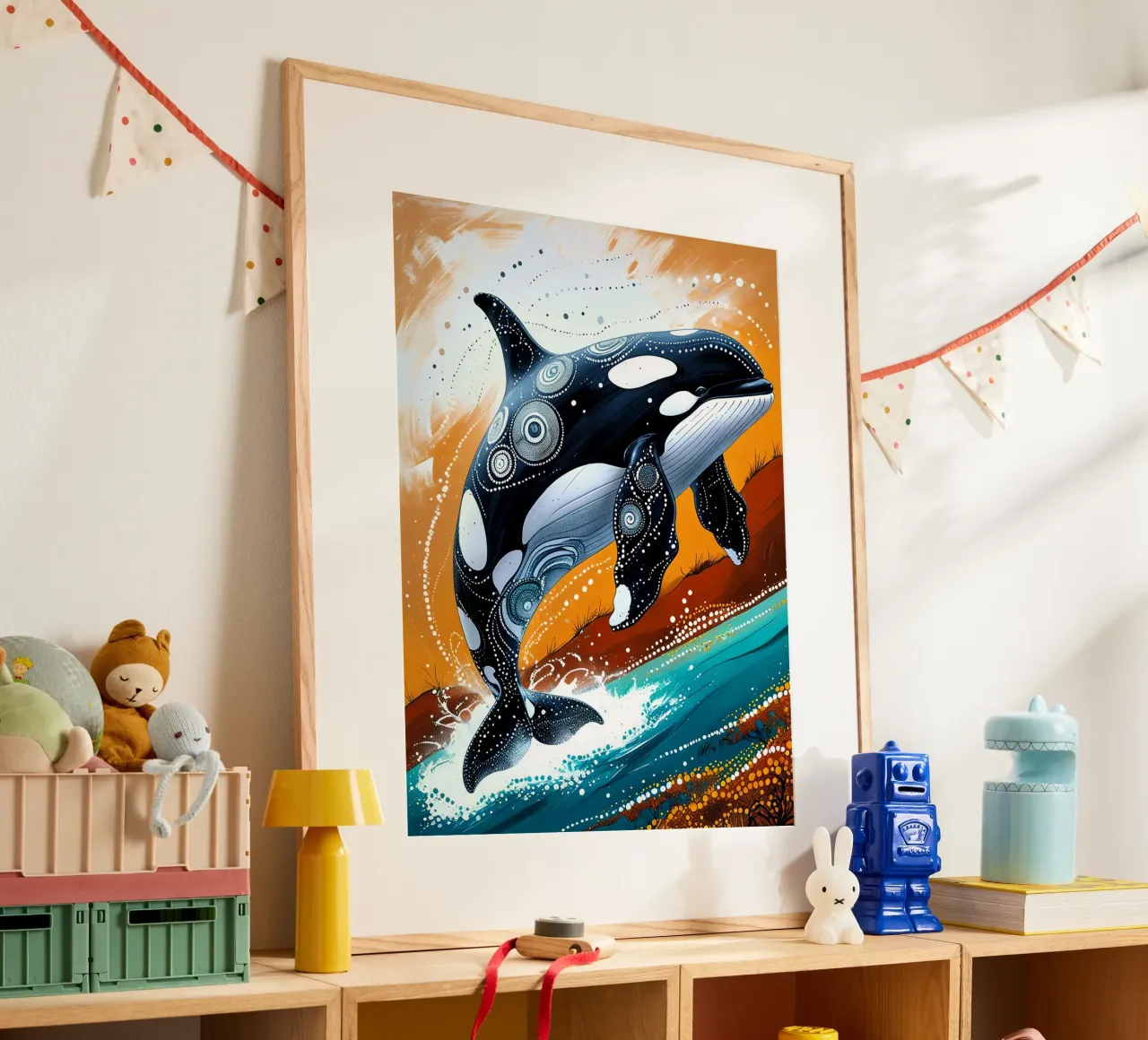 Stippled Ocean: Orca Art Print with White Dots poster da IMAGINE ART