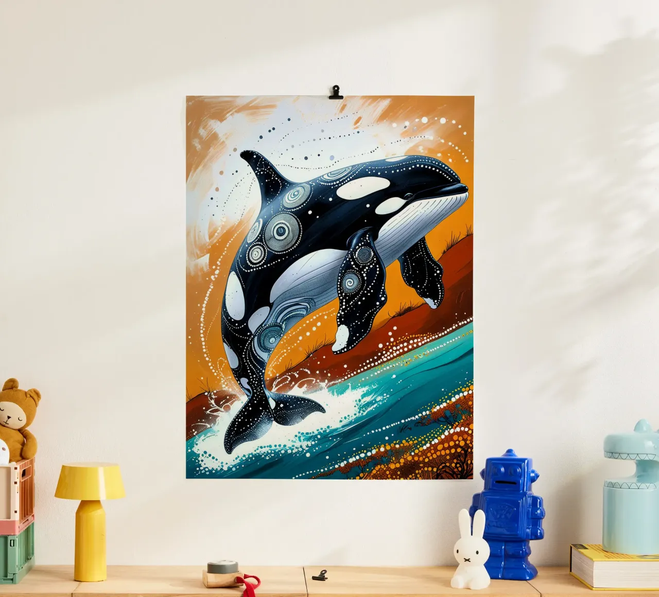Stippled Ocean: Orca Art Print with White Dots poster da IMAGINE ART