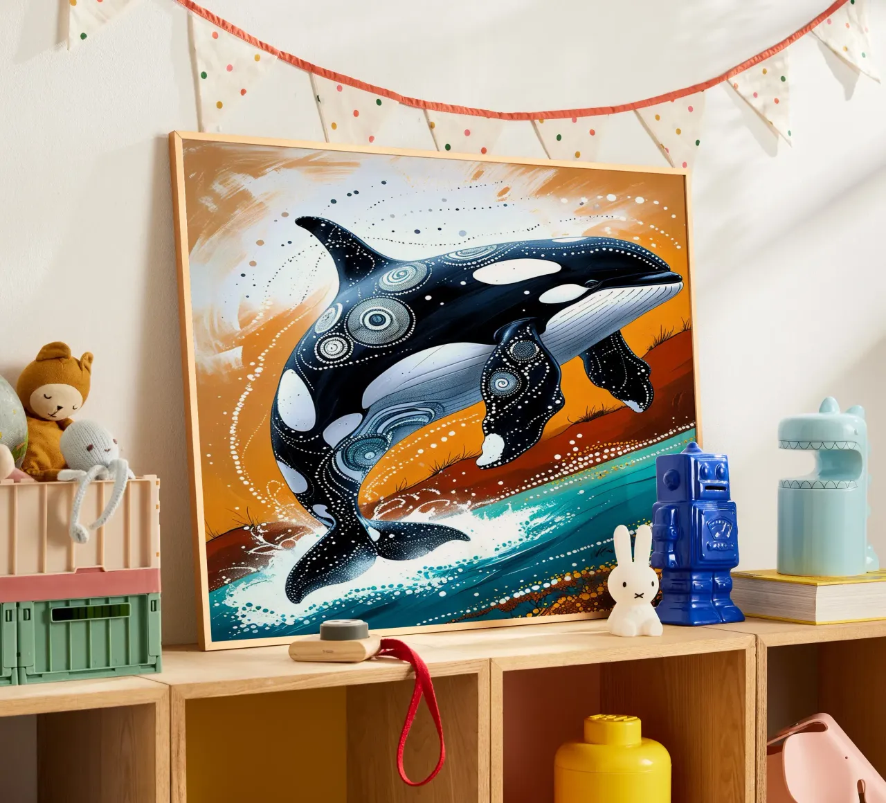 Stippled Ocean: Orca Art Print with White Dots poster da IMAGINE ART