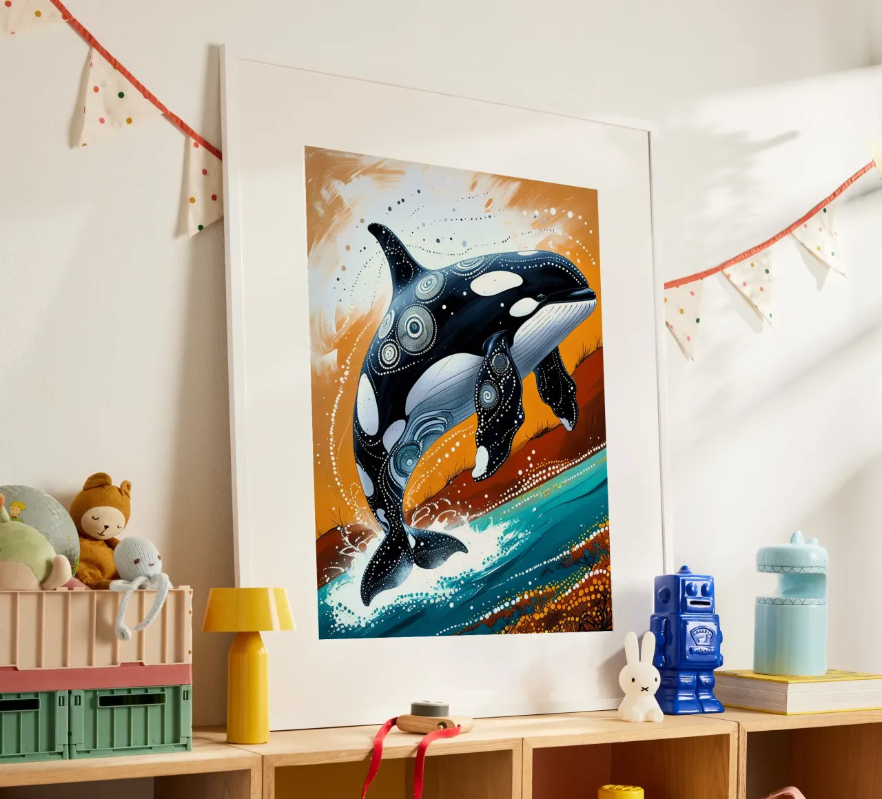 Stippled Ocean: Orca Art Print with White Dots poster da IMAGINE ART