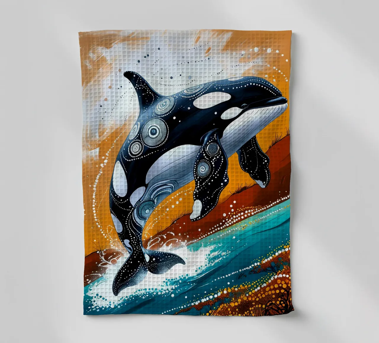 Stippled Ocean: Orca Art Print with White Dots canovaccio da cucina da IMAGINE ART