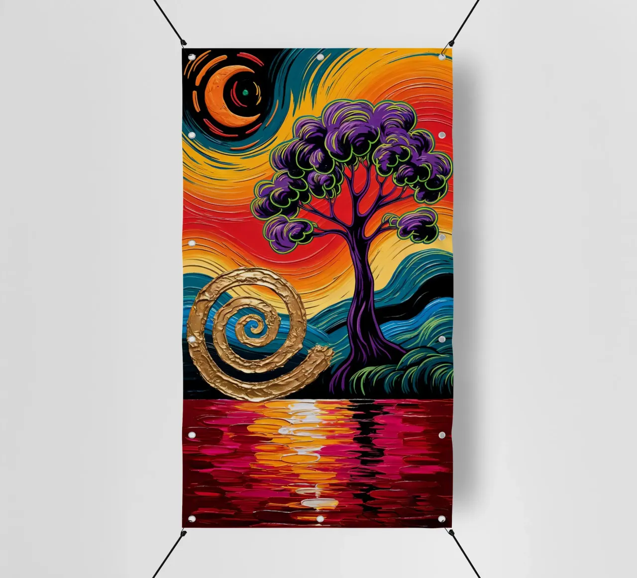 Twilight's Embrace: Purple Tree & Golden Spheres Fine Art Pr telo in pvc da IMAGINE ART